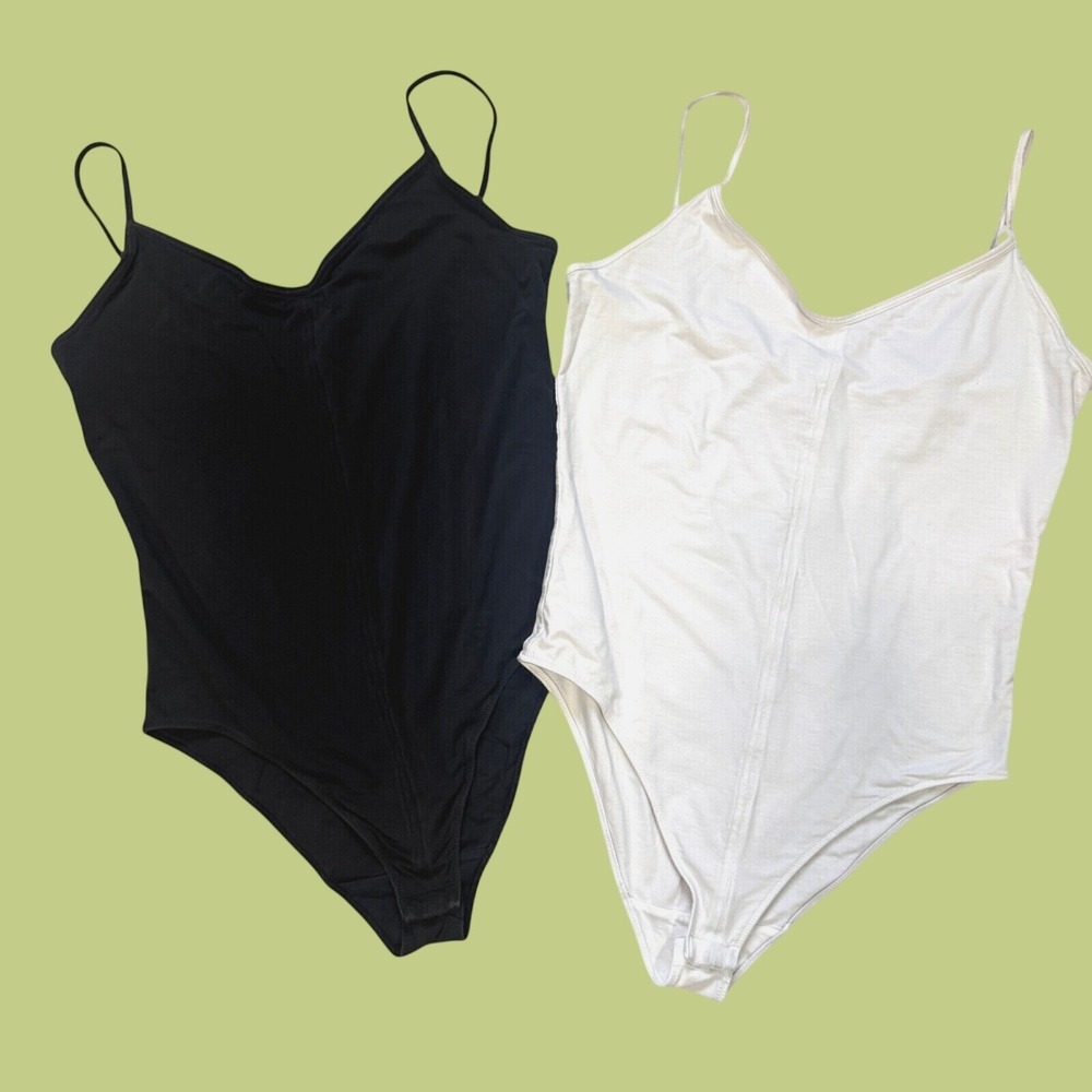 Everlane Womens Supima Cotton V-Neck Bodysuit Set Black White Large 2 Pack